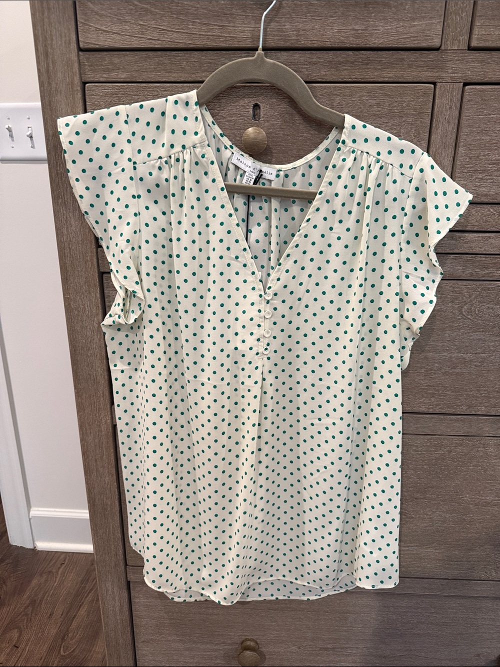 Maison d’Amelie Polka Dot Flutter Sleeve Blouse - Cream with Green Dots